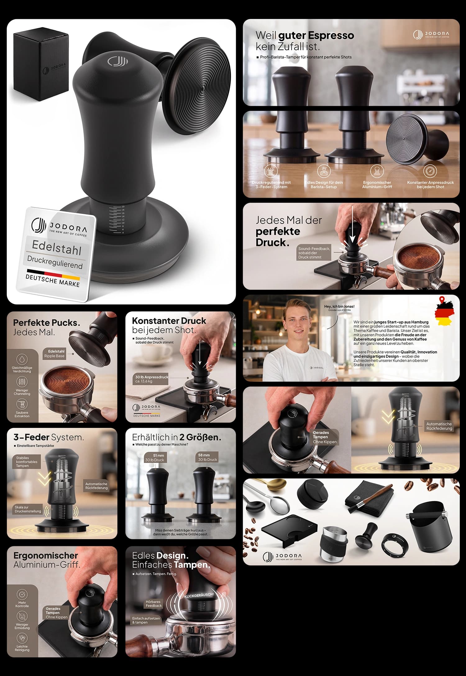 JODORA druckregulierender Kaffee Tamper aus Edelstahl mit 3-Feder-System für gleichmäßigen Anpressdruck bei Siebträgermaschinen