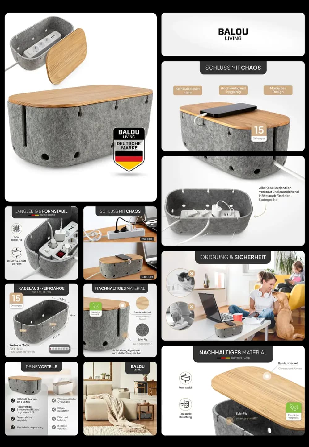 BALOU LIVING Kabelbox aus grauem Filz mit einem Deckel aus hellem Bambusholz, zur ordentlichen und sicheren Aufbewahrung von Steckdosenleisten und Kabeln.