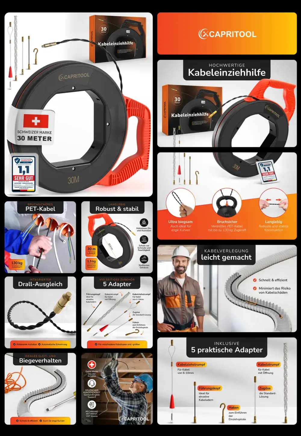 Schwarze und rote Capritool Kabeleinziehhilfe, 30 Meter Länge, robustes PET-Kabel, bruchsicher, mit 5 Adaptern, ideal für die professionelle und einfache Kabelverlegung.