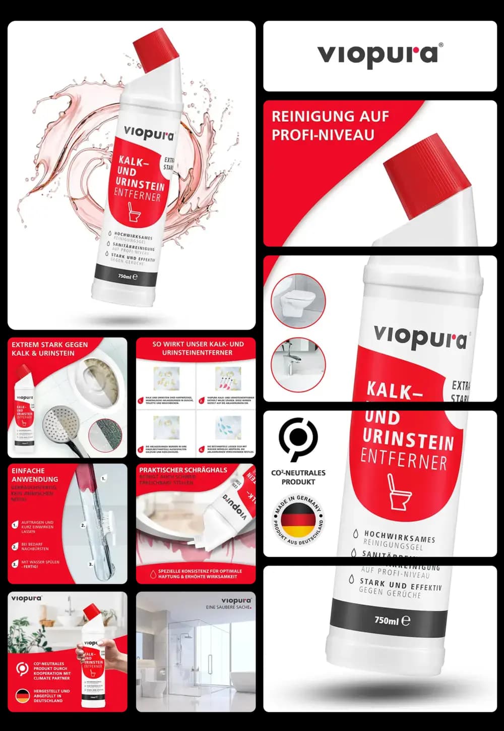 Viopura Kalk- und Urinsteinentferner in einer weißen Flasche mit rotem Deckel, ein hochwirksamer Sanitärreiniger zur professionellen Reinigung von Toiletten und Badezimmern.