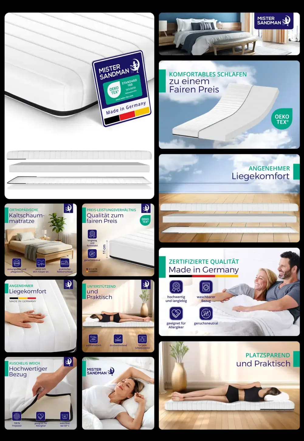 Weiße, orthopädische MISTER SANDMAN Kaltschaummatratze (Made in Germany) mit waschbarem, Oeko-Tex-zertifiziertem Bezug, beworben für angenehmen Liegekomfort und ein faires Preis-Leistungs-Verhältnis