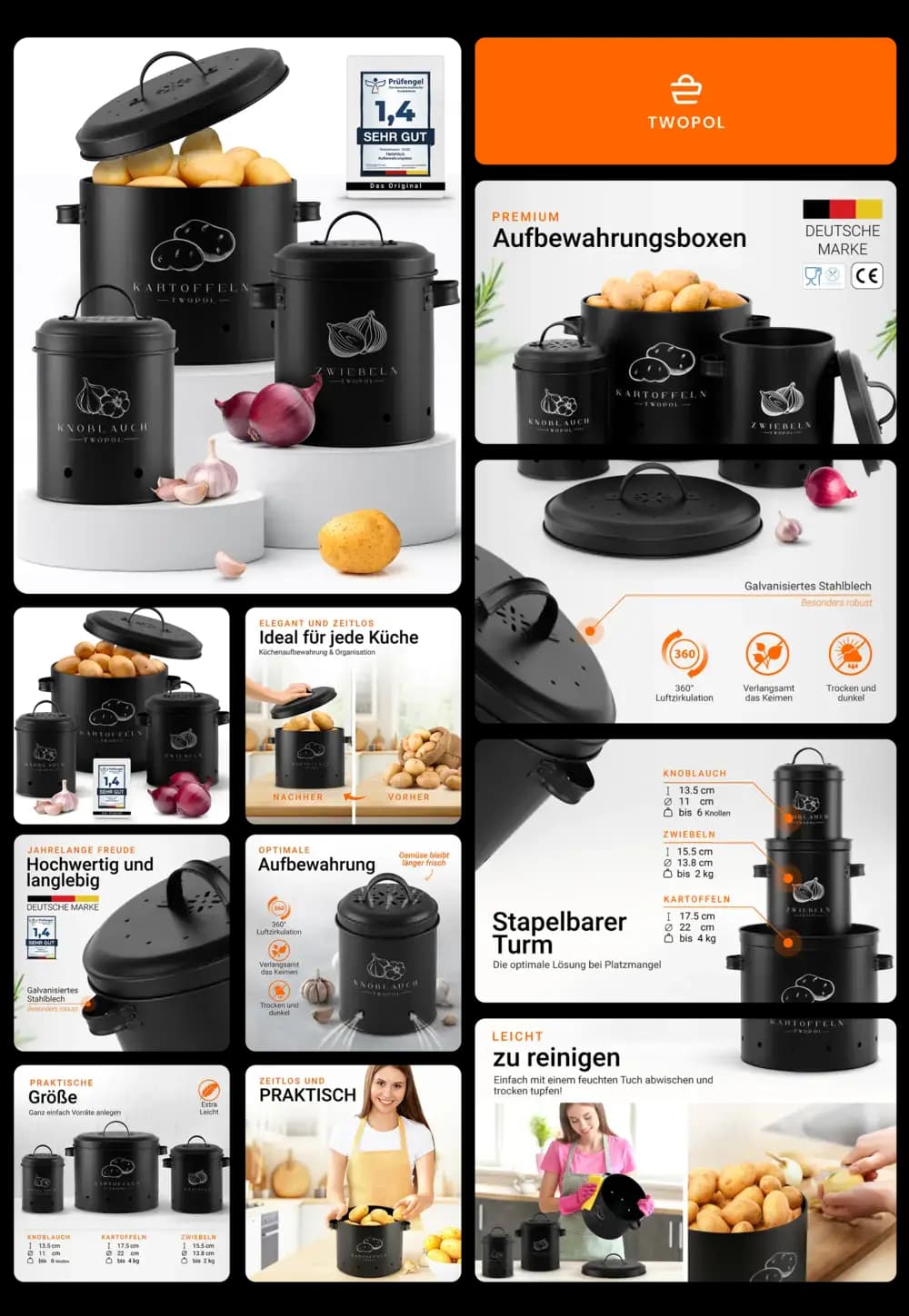 Schwarzes Twopol Kartoffel-Aufbewahrungsbox-Set aus Metall mit belüfteten Deckeln, inklusive passender Boxen für Zwiebeln und Knoblauch, ideal für die frische und dunkle Lagerung in der Küche.