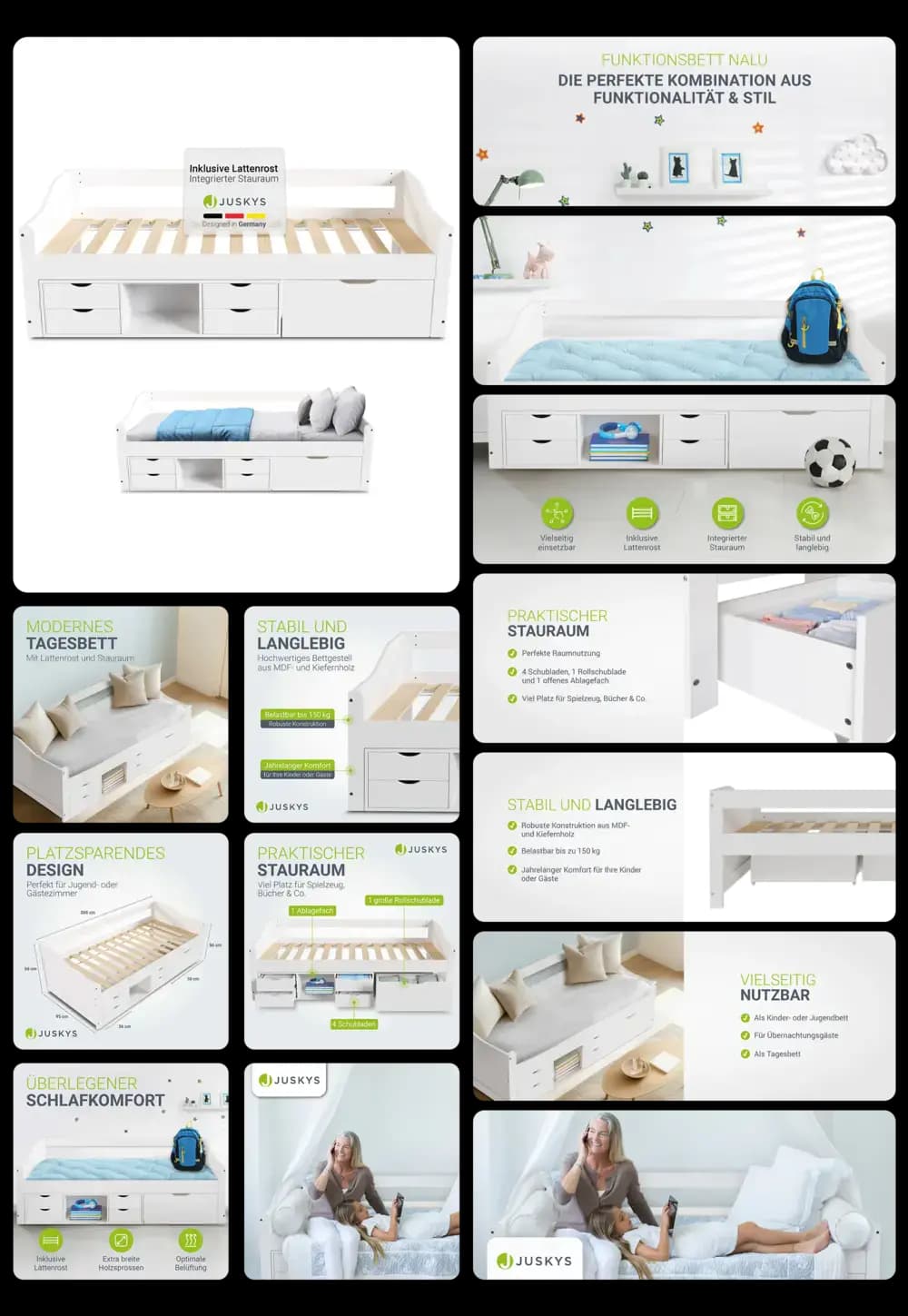 Modernes weißes Juskys Kinderbett mit integrierten Schubladen für Stauraum, inklusive Lattenrost, stabil und langlebig, ideal für Kinder- und Jugendzimmer.
