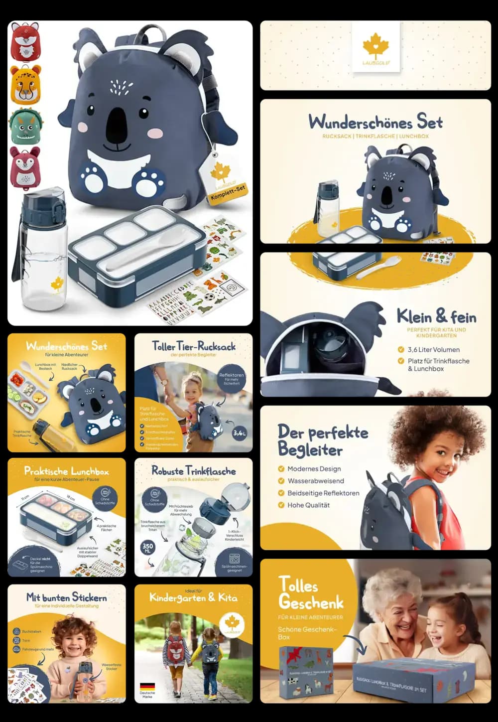 Kinderrucksack-Set in Koala-Design, das einen Rucksack, eine Brotdose und eine Trinkflasche enthält. Die Produktbilder zeigen die einzelnen Komponenten, Kinder, die das Set tragen, und die Möglichkeit, den Rucksack individuell zu gestalten.