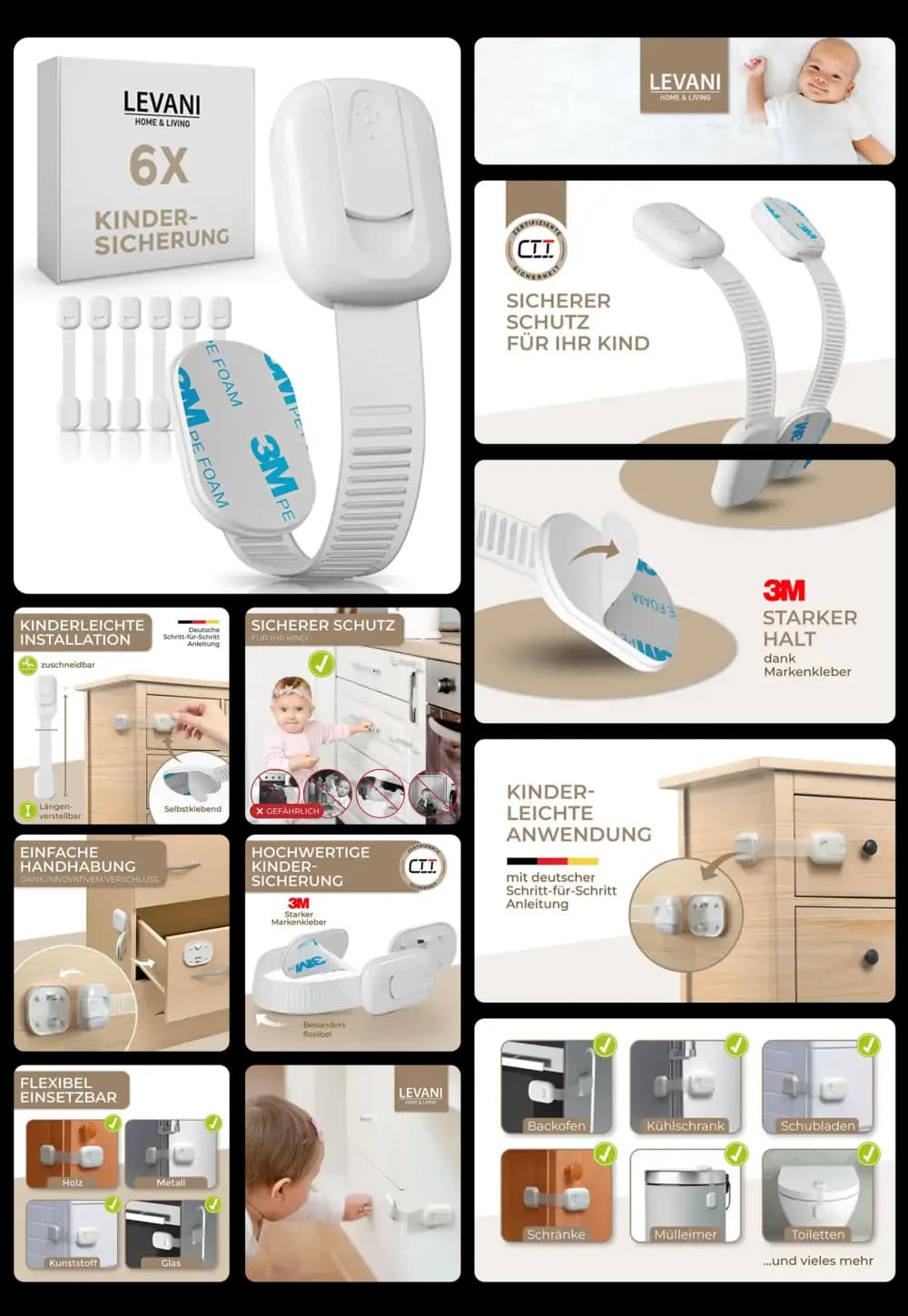 LEVANI Kindersicherung-Set, bestehend aus 6 weißen, flexiblen Riemen mit 3M-Klebepads, die Schränke, Schubladen und andere Möbel für Babys und Kleinkinder sicher verschließen.