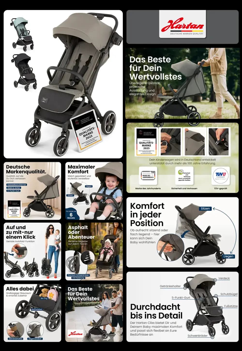 Grauer, zusammenklappbarer HARTAN Kinderwagen (Sportwagen), beworben als Premium-Markenprodukt mit maximalem Komfort und eleganter Design-Qualität, geeignet für Babys ab 6 Monaten mit Sitz- und Liegeposition
