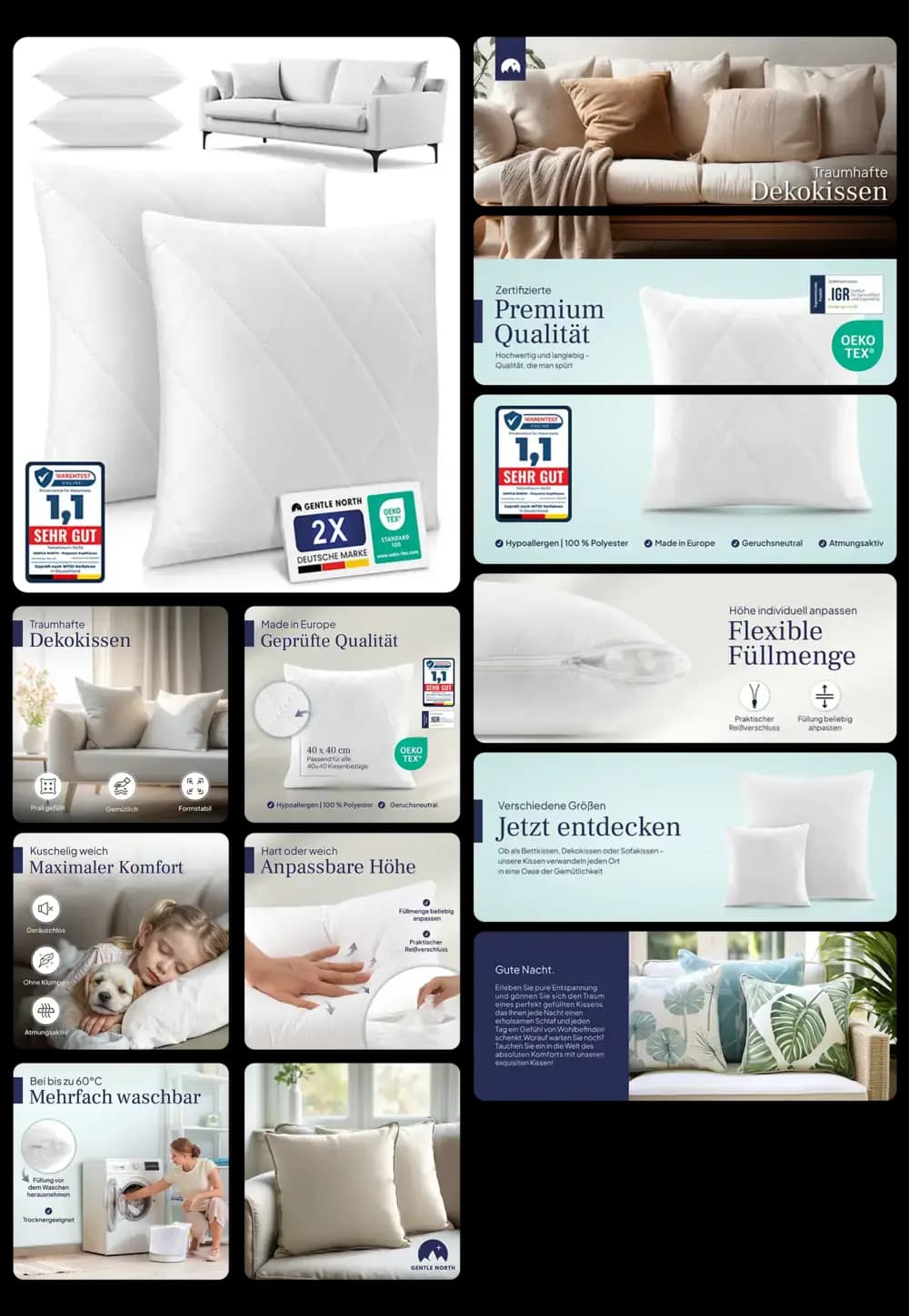 Zwei weiße Kissen der Marke GENTLE NORTH. Das Produktbild zeigt die Kissen in verschiedenen Größen auf einem Sofa und einem Bett, wobei die waschbare, hypoallergene und anpassbare Füllung hervorgehoben wird.