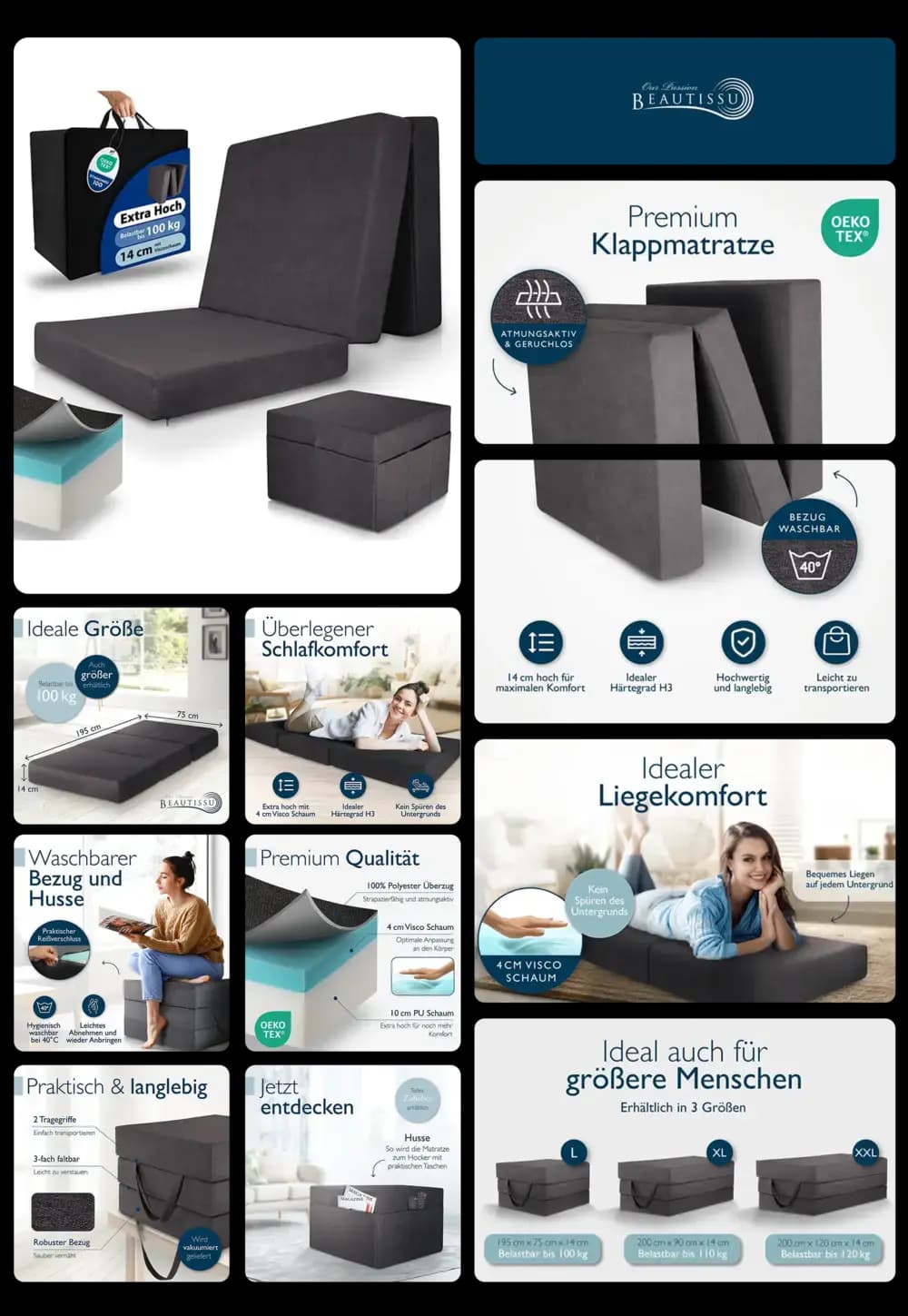 Graue Klappmatratze von BEAUTISSU. Die Bilder zeigen die Matratze in aufgeklappter und gefalteter Form, sowie in Verwendung als Gästebett und Sitzwürfel, wobei die 14 cm Dicke und die waschbare Hülle hervorgehoben werden.