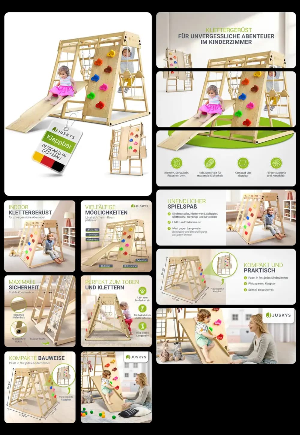 Faltbares Klettergerüst von Juskys für den Innenbereich. Die Produktbilder zeigen das Holzspielgerät mit Kletterwand und Rutsche in einem Kinderzimmer, wobei die kompakte Bauweise und die verschiedenen Spielmöglichkeiten hervorgehoben werden.