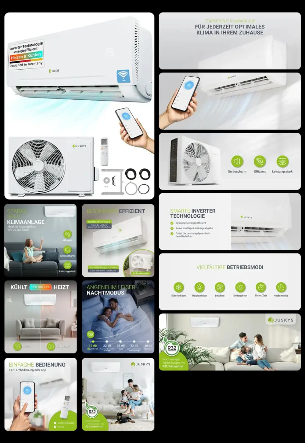 Inverter-Klimaanlage von Juskys, die sowohl heizen als auch kühlen kann. Die Bilder zeigen das Innen- und Außengerät, die Fernbedienung und die Bedienung per App. Verschiedene Betriebsmodi und die leise Funktion werden hervorgehoben.