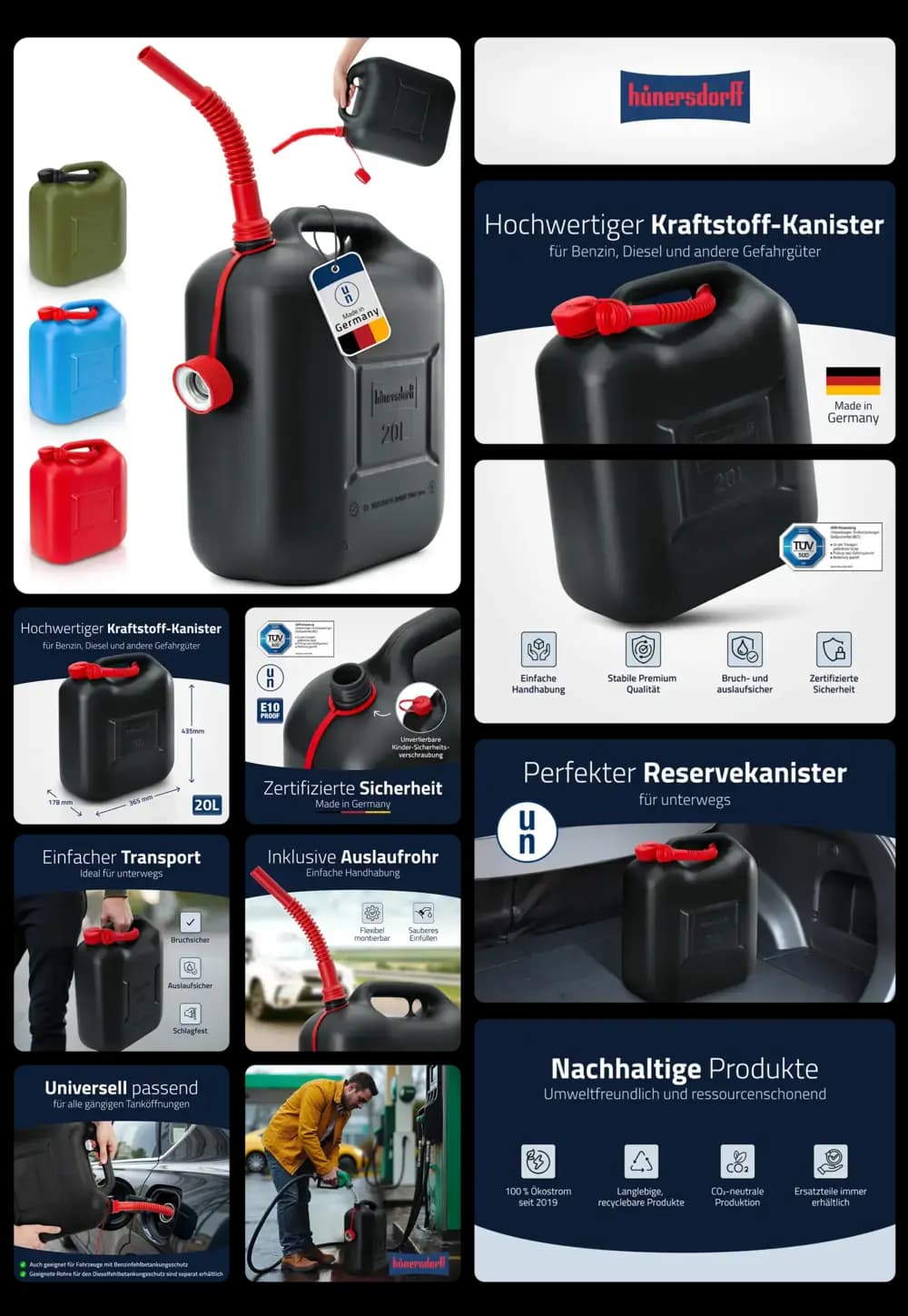 Hochwertiger 20-Liter-Kraftstoffkanister von Hünersdorff in Schwarz mit rotem flexiblem Auslaufrohr, TÜV-zertifiziert, bruchsicher und auslaufsicher, ideal für Benzin, Diesel und andere Gefahrgüter.