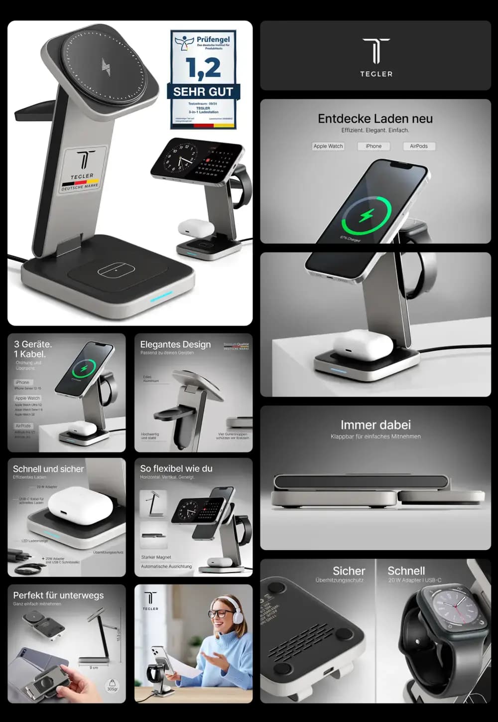 Elegante, silberne Tecgler 3-in-1 Ladestation für iPhone, Apple Watch und AirPods, kabellos, schnellladend, klappbar und magnetisch, ideal für unterwegs und Schreibtisch.
