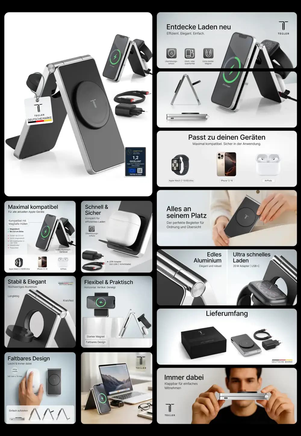 Faltbare, silberne TEGLER 3-in-1 MagSafe Ladestation Model 2 aus Aluminium, beworben für schnelles und sicheres kabelloses Laden von iPhone, Apple Watch und AirPods, ideal für Reisen und Schreibtisch dank elegantem und kompaktem Design