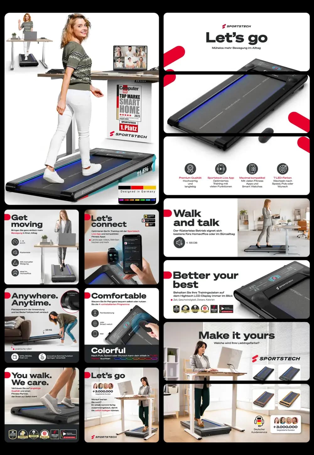 Sportstech Laufband F37 mit innovativen Funktionen und Design, ideal für Heimtraining und Fitness.