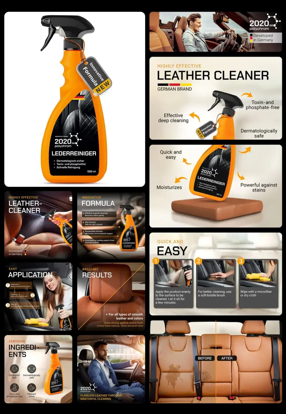 Flasche des 2020 Leather Cleaner von POLYCHROM, einem Reiniger für Leder. Die Produktbilder zeigen die Anwendung des Sprays auf Autositzen und heben die Wirksamkeit, die einfache Handhabung und die dermatologisch sicheren Inhaltsstoffe hervor.