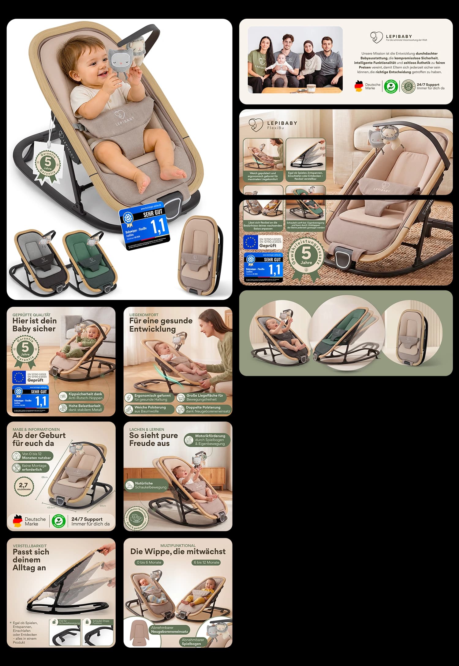 LepiBaby ergonomische Babywippe mit Spielbogen und Neugeboreneinsatz höhenverstellbar und klappbar