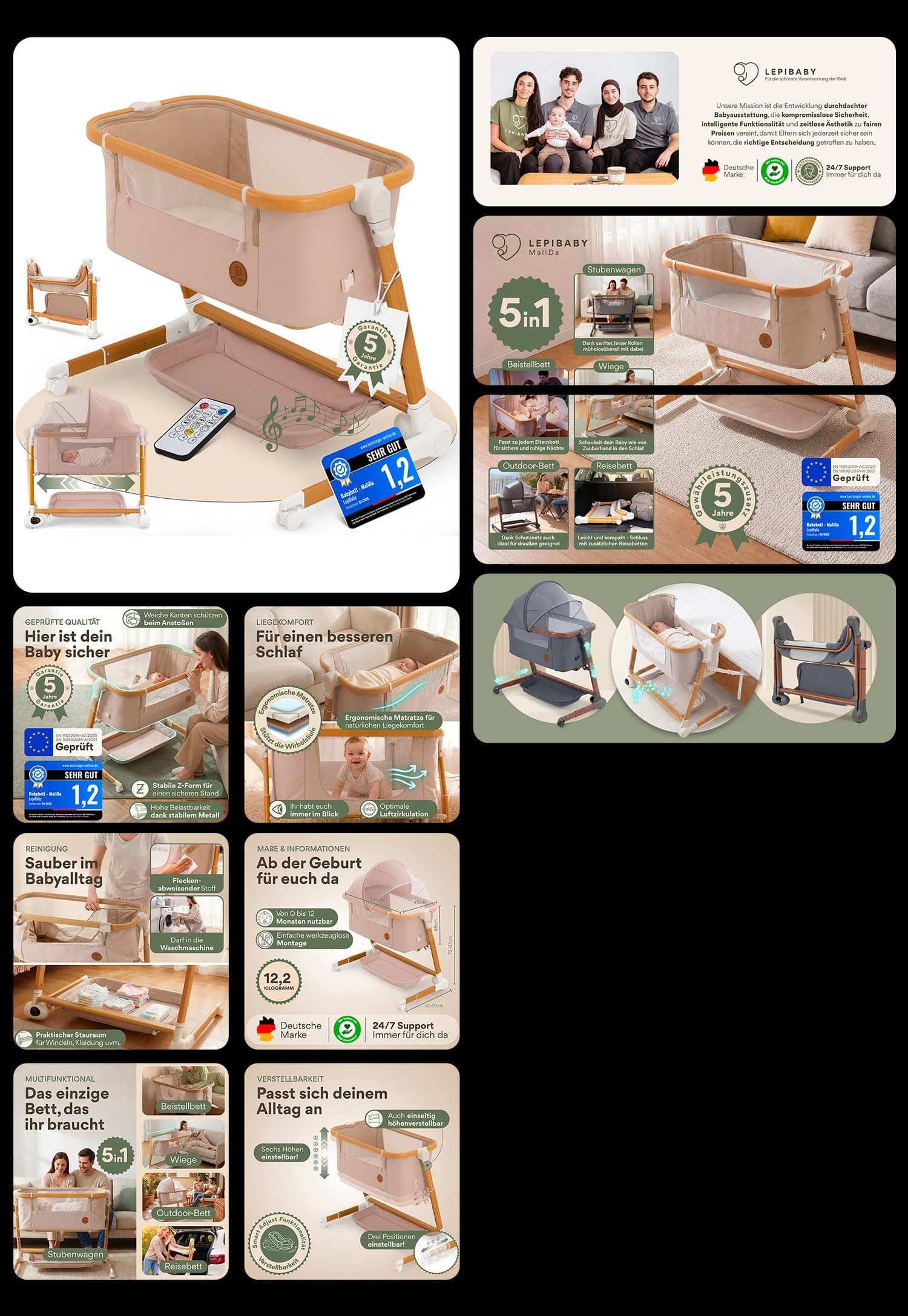 LepiBaby 5in1 Beistellbett und Babybett höhenverstellbar mit Rollen und Wiegefunktion