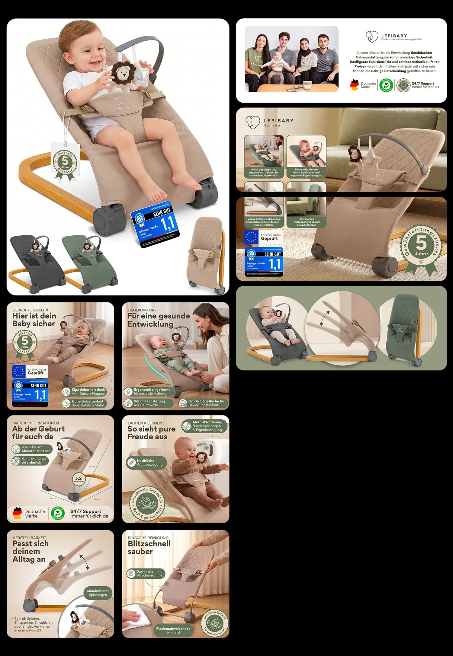 LepiBaby SemiBy ergonomische Babywippe mit Holzrahmen Spielbogen und abnehmbarem Bezug