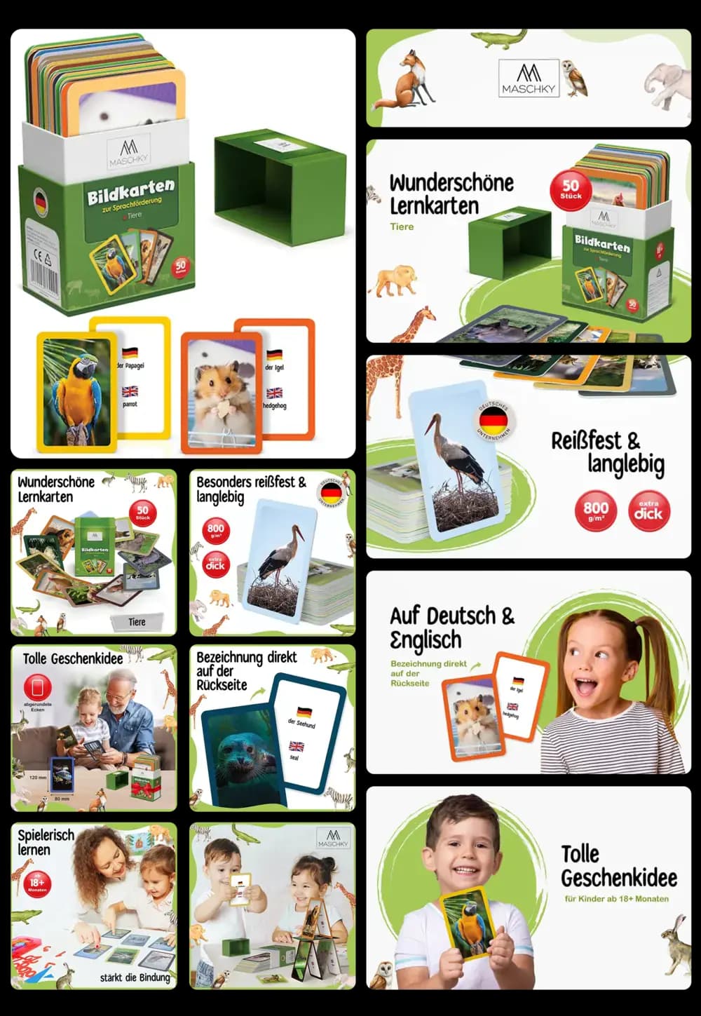 Set aus Lernkarten für Kinder von Maschky, mit Tiermotiven und Bezeichnungen in Deutsch und Englisch. Das Produktbild zeigt die Verpackung, die Karten einzeln und wie Kinder mit den Karten spielen.