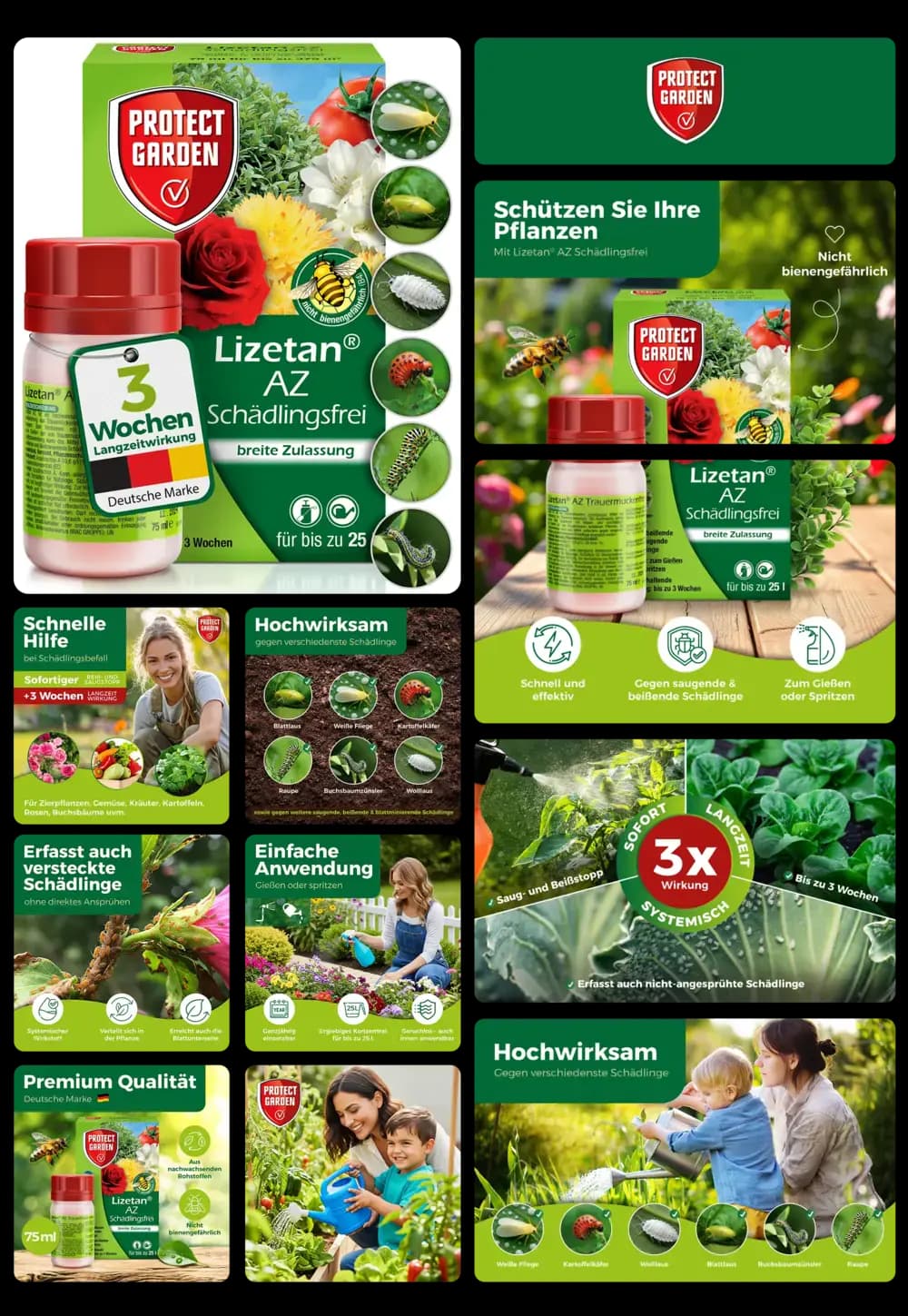 Kleine Flasche Lizetan AZ Schädlingsfrei von Protect Garden mit breiter Zulassung und 3 Wochen Langzeitwirkung, beworben als hochwirksames, systemisches Insektizid zur schnellen und effektiven Bekämpfung verschiedenster Schädlinge an Zierpflanzen und Gemüse