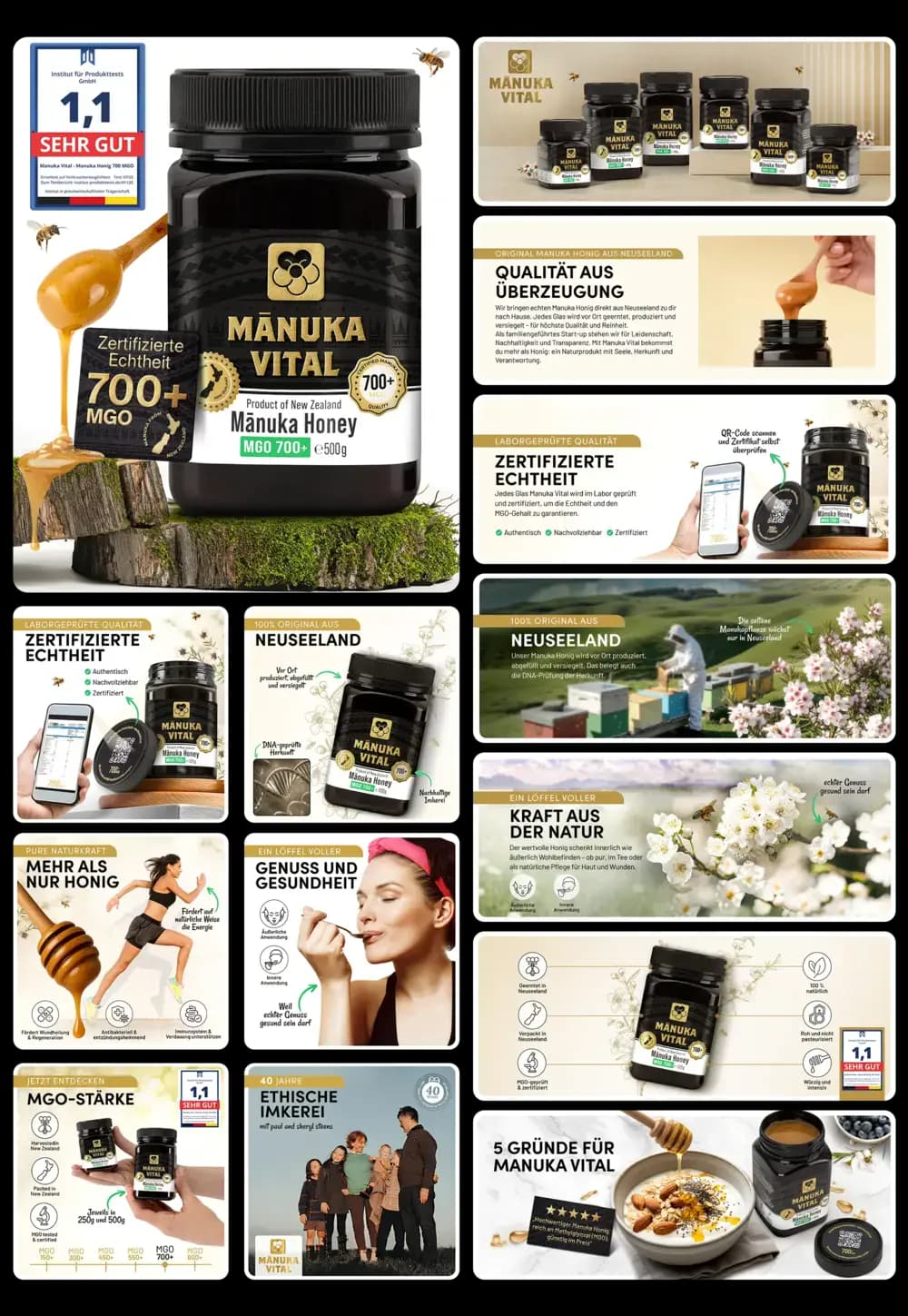Dunkles Glas mit MĀNUKA VITAL Manuka Honey MGO 700+ (500g) aus Neuseeland, beworben als 100% Original, zertifizierter und laborgeprüfter Premium Honig für Genuss und Gesundheit