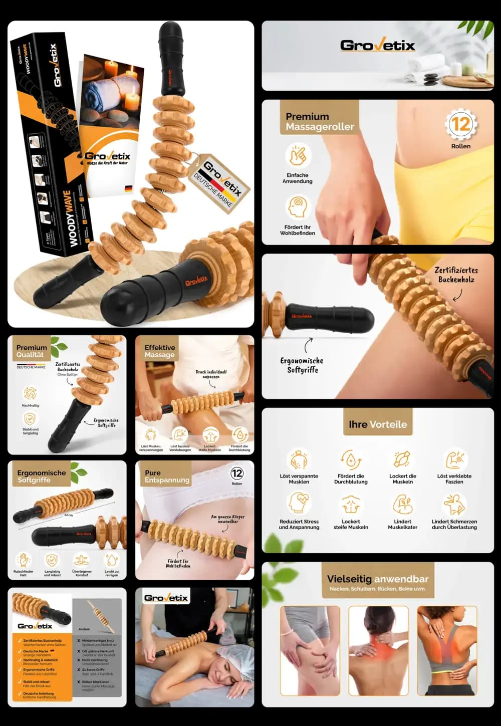 Grovetix Woodywave Massagerolle aus zertifiziertem Buchenholz mit ergonomischen Griffen zur Tiefenmassage und Entspannung.