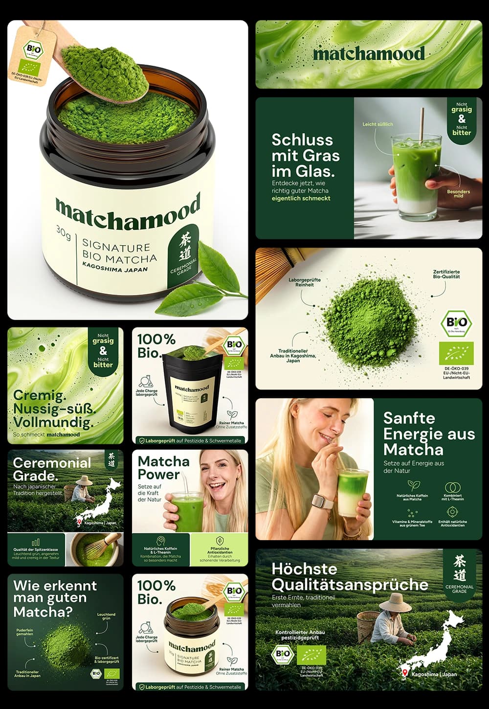 Matchamood Signature Bio Matcha Tee Pulver in der Dose, Ceremonial Grade aus Kagoshima Japan, mit einem Löffel voll leuchtend grünem Teepulver und Bio-Siegel.