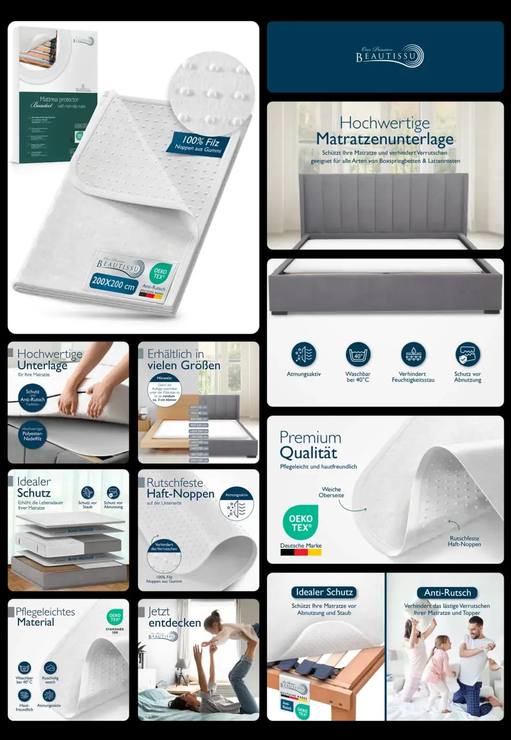 Beautissu Matratzenunterlage aus 100% Filz mit Anti-Rutsch-Noppen, atmungsaktiv und waschbar für optimalen Matratzenschutz.