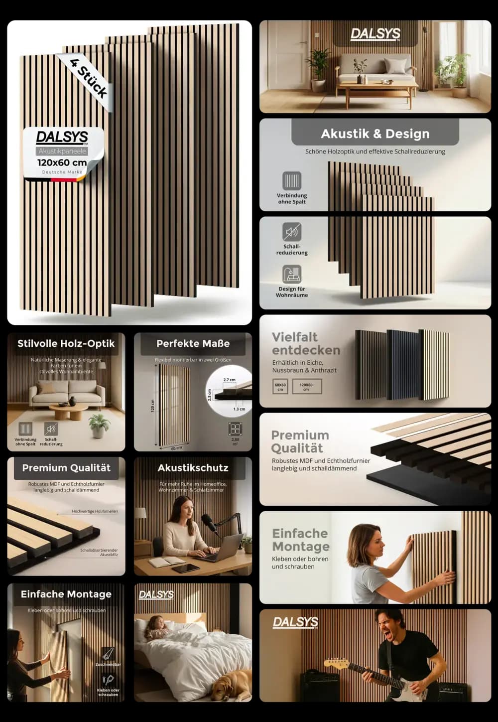 Vier Stück DALSYS Akustikpaneele in stilvoller Holzoptik (120x60 cm) zur Wandmontage, beworben für effektive Schalldämpfung, Premium-Qualität aus MDF und Echtholzfurnier sowie einfache Montage durch Kleben oder Schrauben