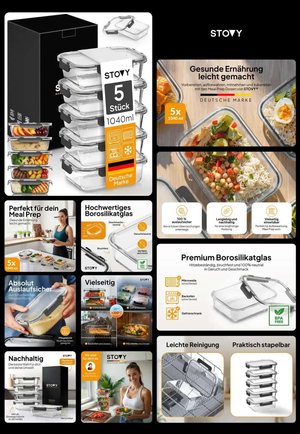 Fünf rechteckige STOVY Meal Prep Boxen (1040 ml) aus Premium Borosilikatglas mit transparenten Deckeln, beworben als hitzebeständige und bruchfeste Vorratsdosen für die gesunde Essensvorbereitung und vielseitige Aufbewahrung