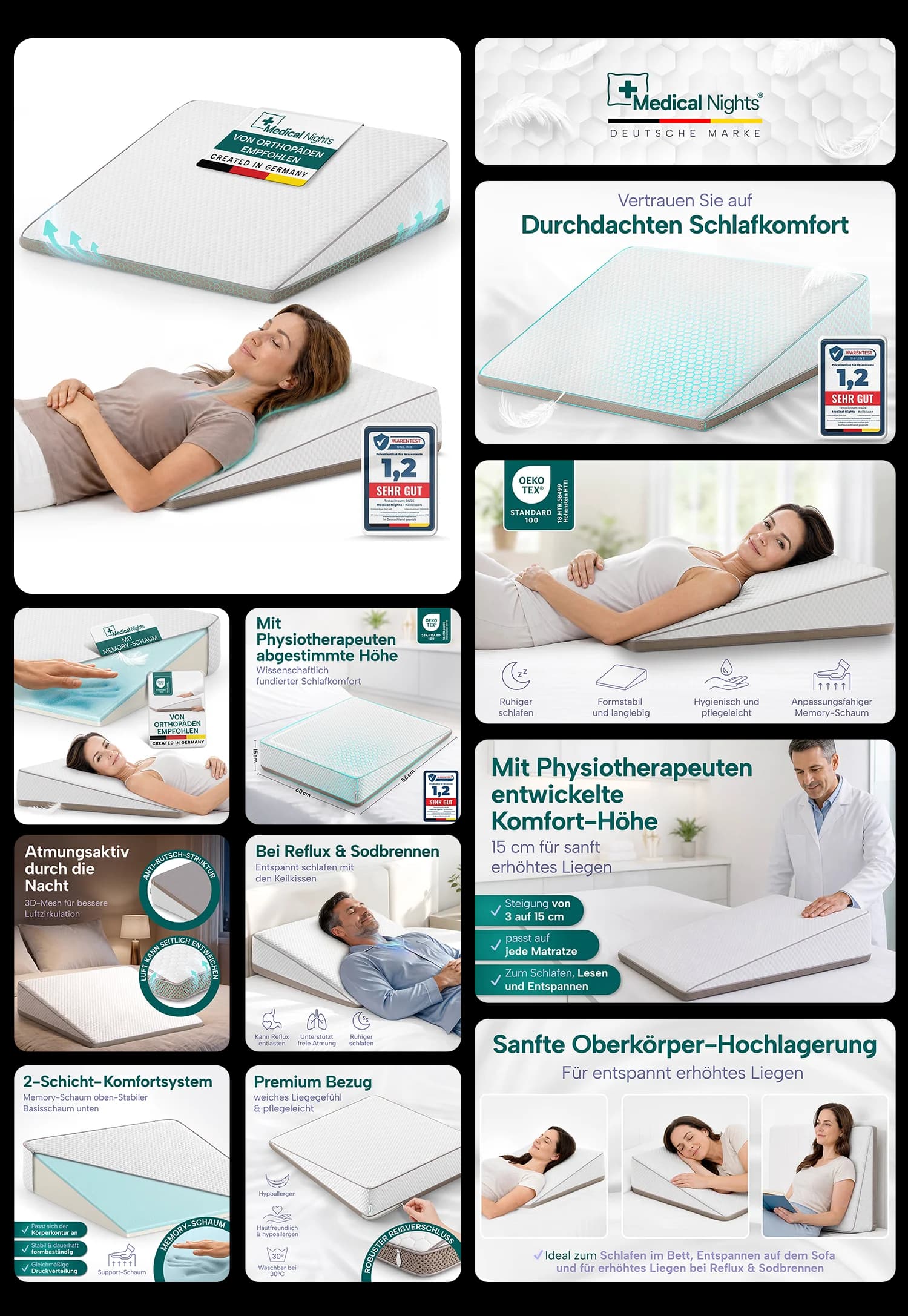 Medical Nights Keilkissen für Bett mit Memory Schaum ergonomisches Oberkörper Keilkissen bei Reflux
