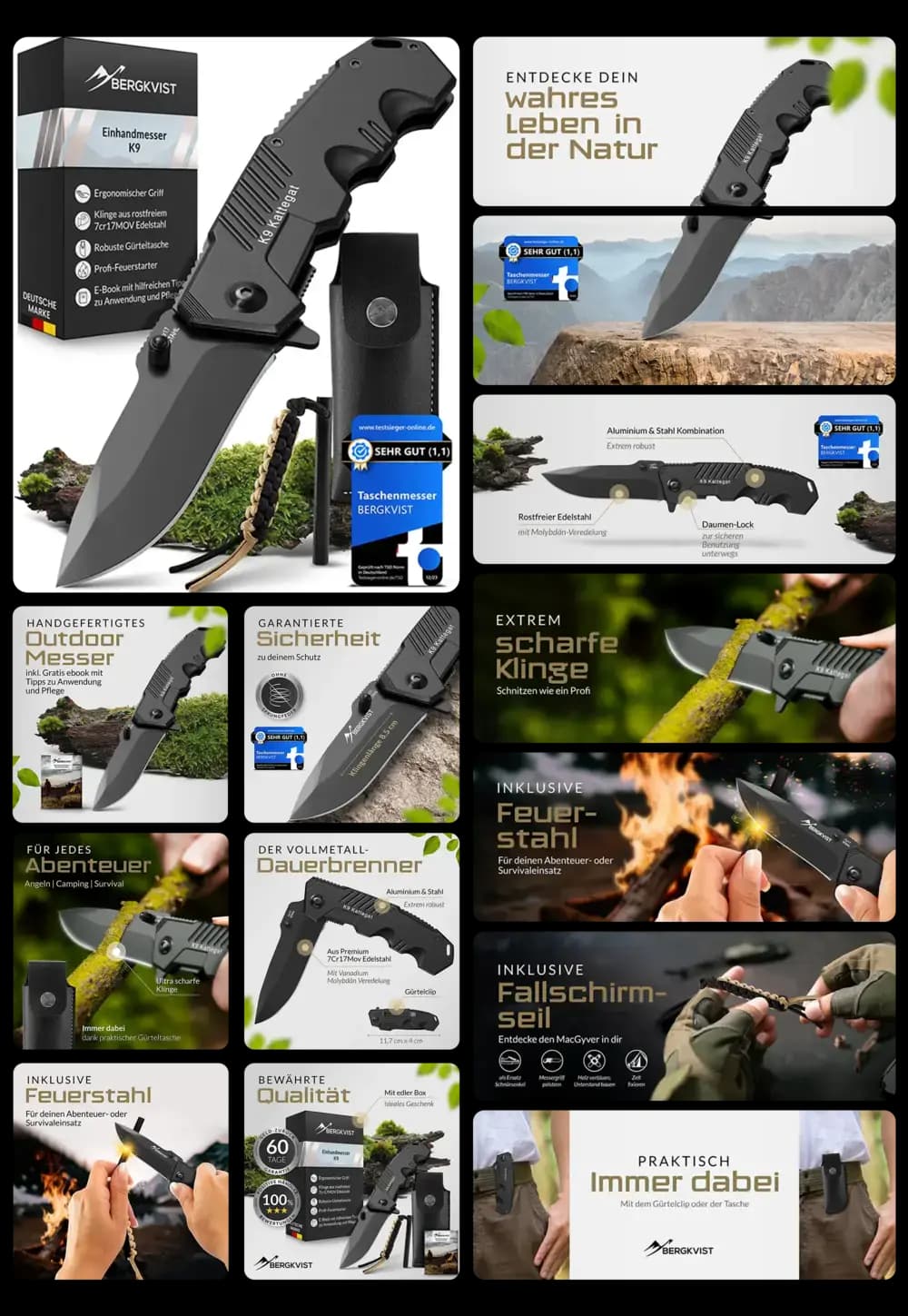 BERGKIVST Einhandmesser K9, ein schwarzes, handgefertigtes Klappmesser mit robustem Edelstahl, ergonomischem Griff und inklusivem Feuerstahl und Fallschirm-Seil für den Outdoor- und Survival-Bereich.