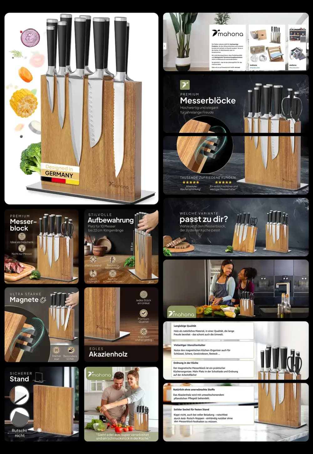 Premium Messerblock-Set von Mahona aus Akazienholz mit Edelstahl-Messerhalterung, inklusive verschiedener Küchenmesser, Schere und Wetzstab, mit einem stabilen und rutschfesten Standfuß.