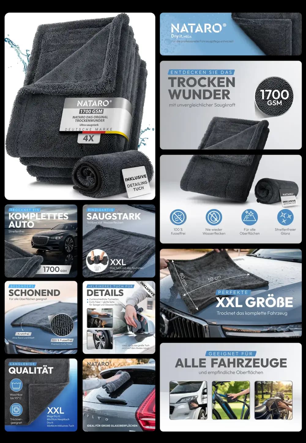 graues, dickes Mikrofaser-Trockentuch im 4er-Set, gezeigt beim Trocknen eines Autos und in Detailansichten
