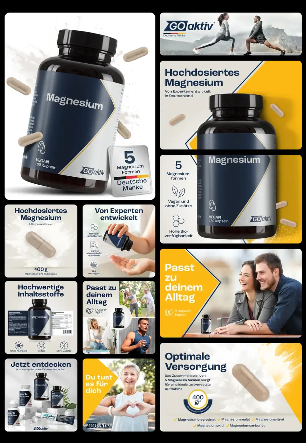 Dunkle Flasche mit dem Etikett „Magnesium Go Aktiv“ und Aufschrift „VEGAN 100 Kapseln“ neben aufgeschütteten Kapseln. Im Hintergrund weitere Bilder, die die Vorteile und die Einnahme des Nahrungsergänzungsmittels zeigen.