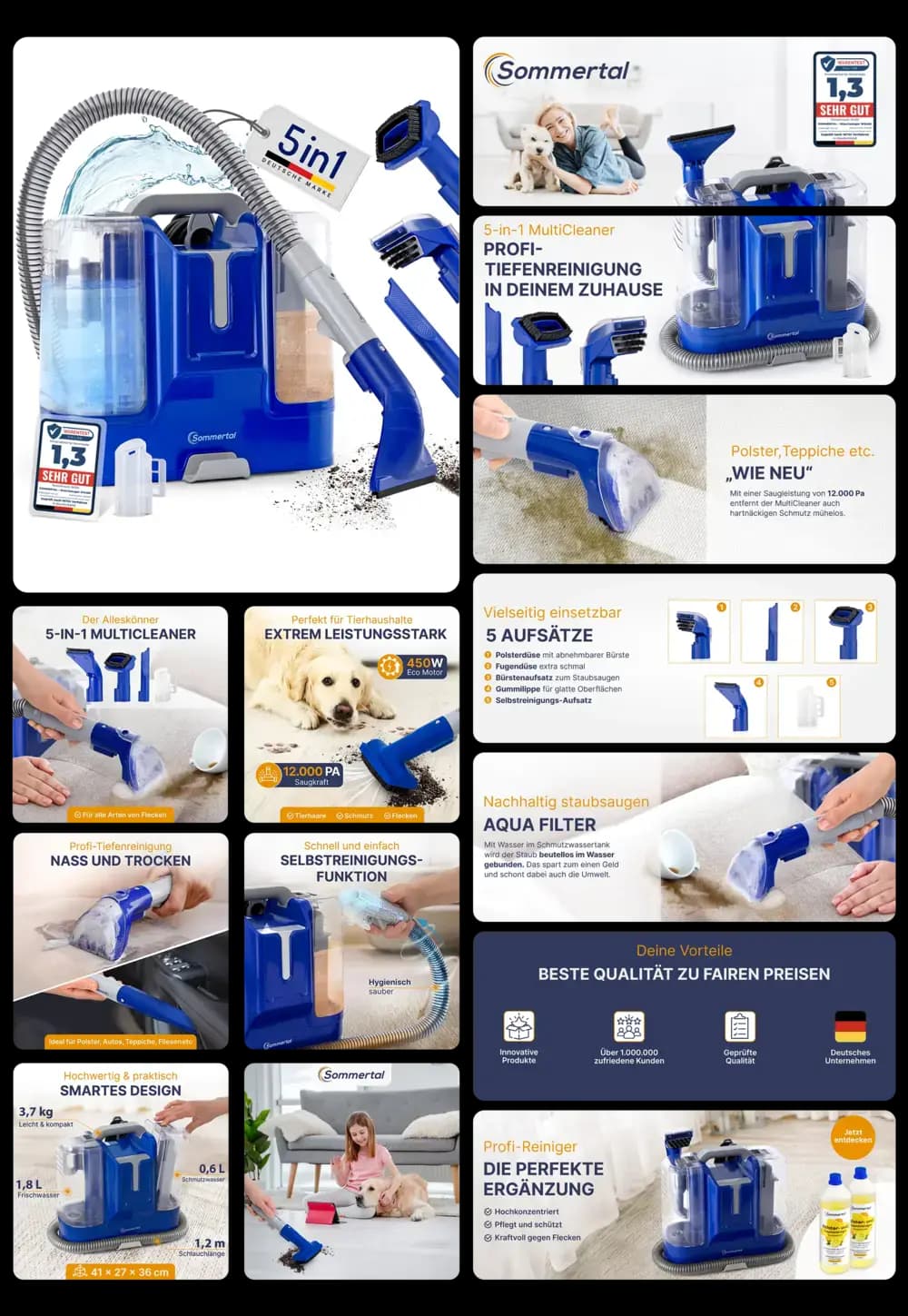 Sommertal 5-in-1 MultiCleaner, ein kompakter Mini-Waschsauger mit Aqua-Filter für Tiefenreinigung von Polstern, Teppichen und Tierhaaren.