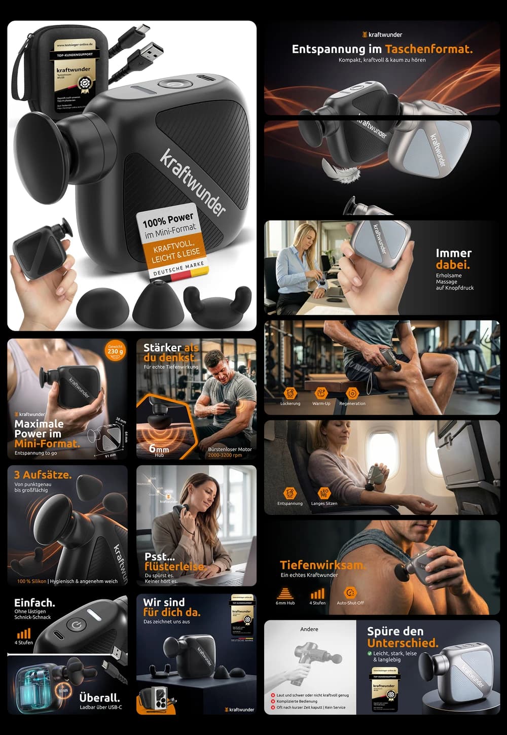 Kraftwunder Mini Massagepistole klein und leise – Kompaktes Massagegerät mit 4 Aufsätzen für Nacken und Rücken, USB-C aufladbar, ideal für Muskelentspannung im Büro, Fitnessstudio oder auf Reisen.