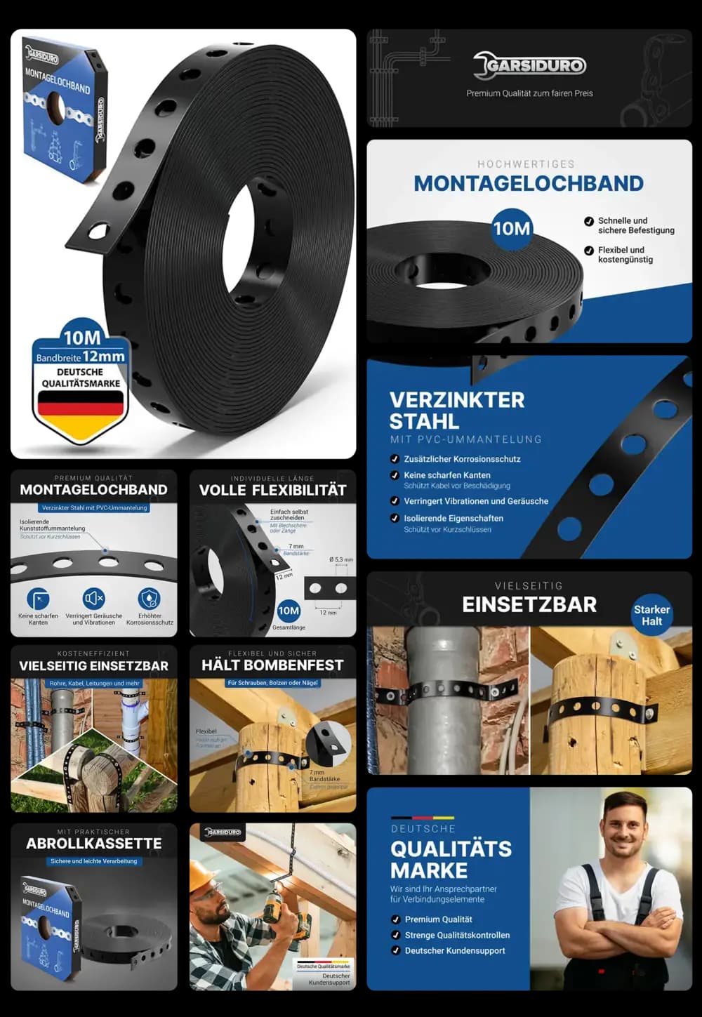 Montagelochband von GARSIDURO in schwarzer PVC-Ummantelung über verzinktem Stahl, 10 Meter lang und 12 mm breit, ideal zur schnellen und flexiblen Befestigung von Rohren, Kabeln und anderen Elementen.