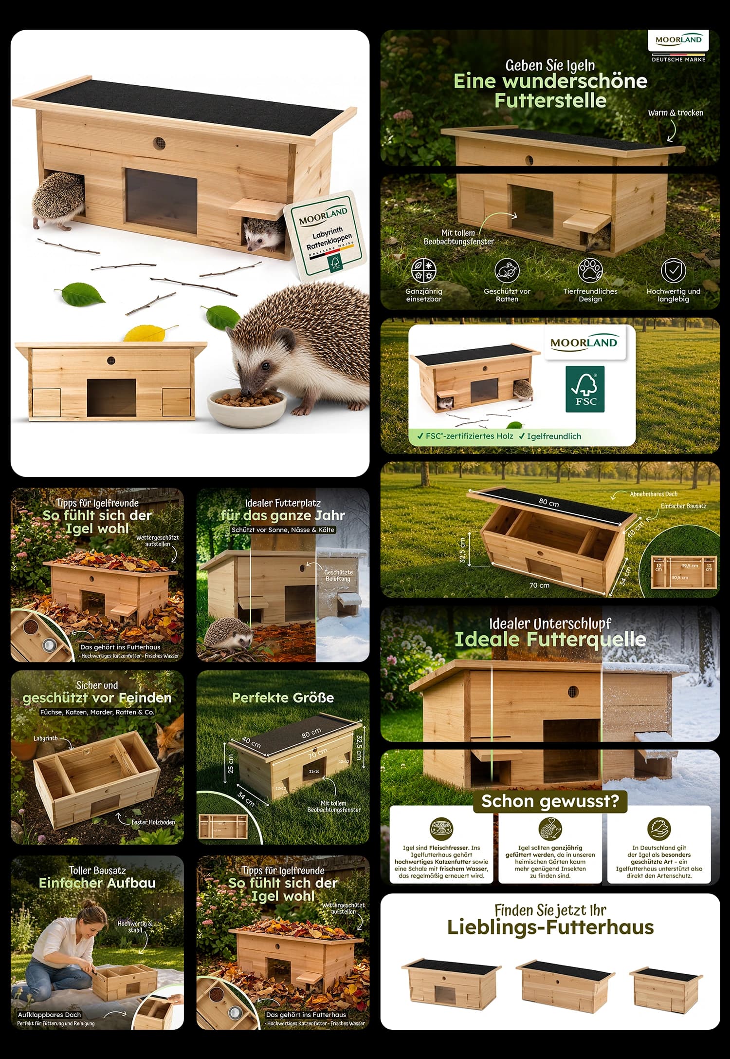 Moorland Igelfutterhaus aus FSC-Holz mit Labyrintheingang, Rattenklappen und aufklappbarem Dach als sichere Futterstelle für Igel im Garten