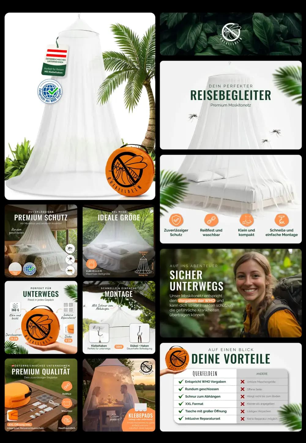 weißes, rundes Moskitonetz über einem Bett, umgeben von Palmen und einem orangenen Beutel