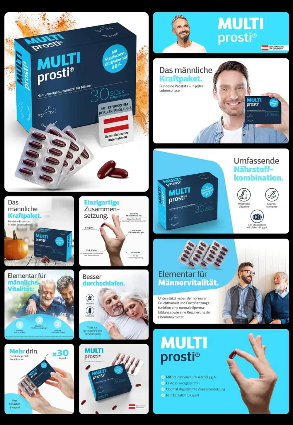 Multi prosti: Packung mit 30 Kapseln zur Unterstützung der männlichen Prostatagesundheit und Vitalität.
