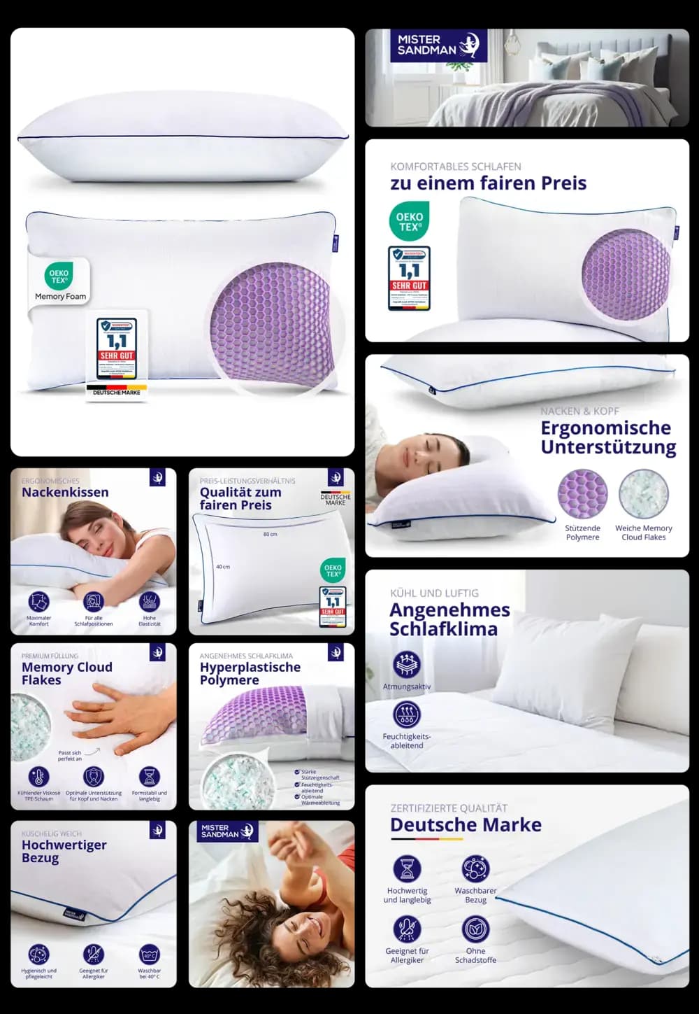 Mister Sandman Nackenkissen mit Memory Foam und kühlenden Gel-Polymeren für ergonomische Unterstützung und angenehmes Schlafklima.