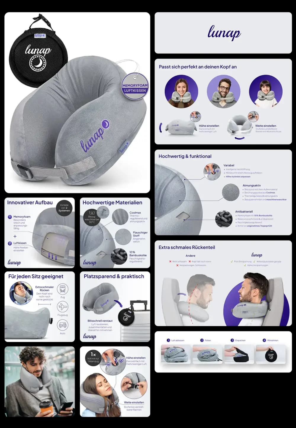 Nackenkissen: Graues Memory-Foam-Reisekissen mit verstellbarer Größe und atmungsaktivem Bezug für optimalen Komfort auf Reisen.