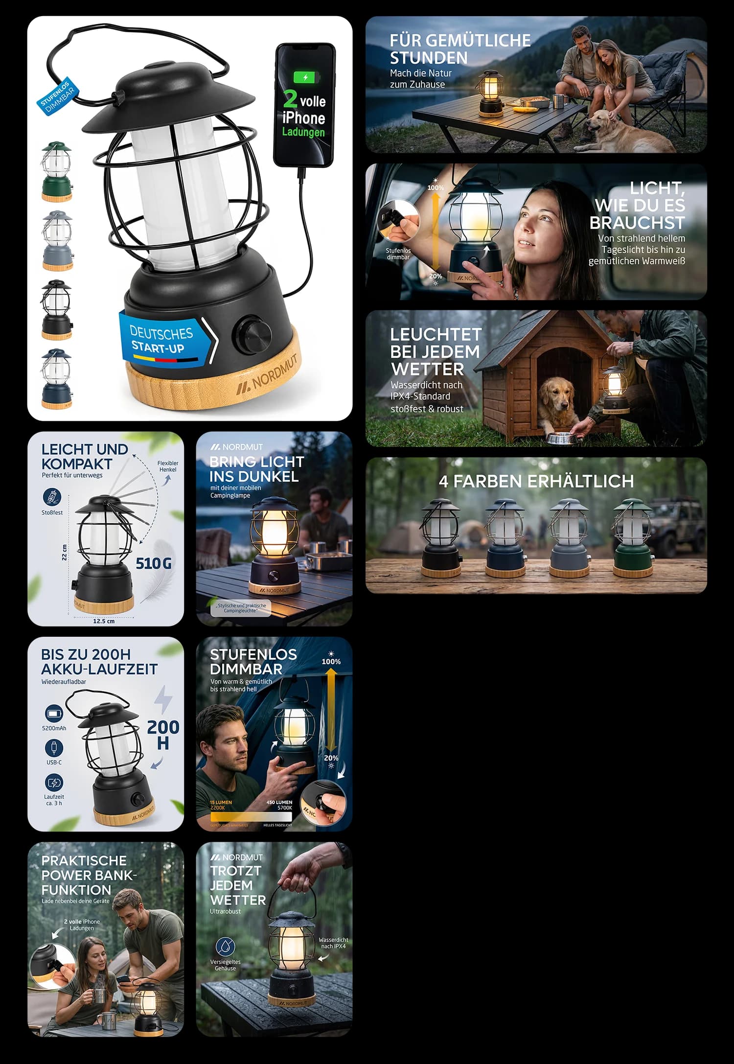 Nordmut LED Campinglampe dimmbar im Retro Design mit Powerbank Funktion und USB-C für Outdoor