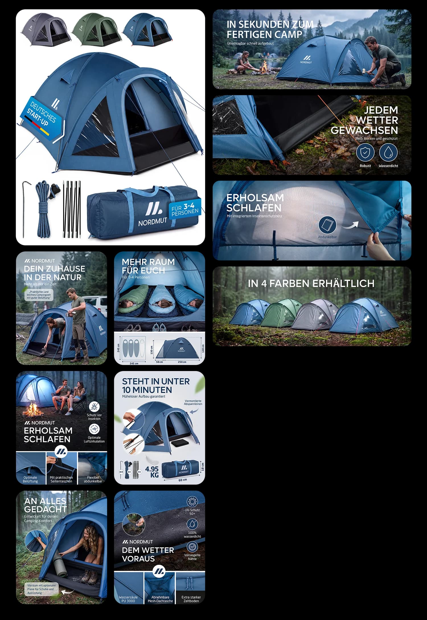 Nordmut Kuppelzelt für 3-4 Personen wasserdichtes Campingzelt mit Vorzelt für Outdoor und Trekking