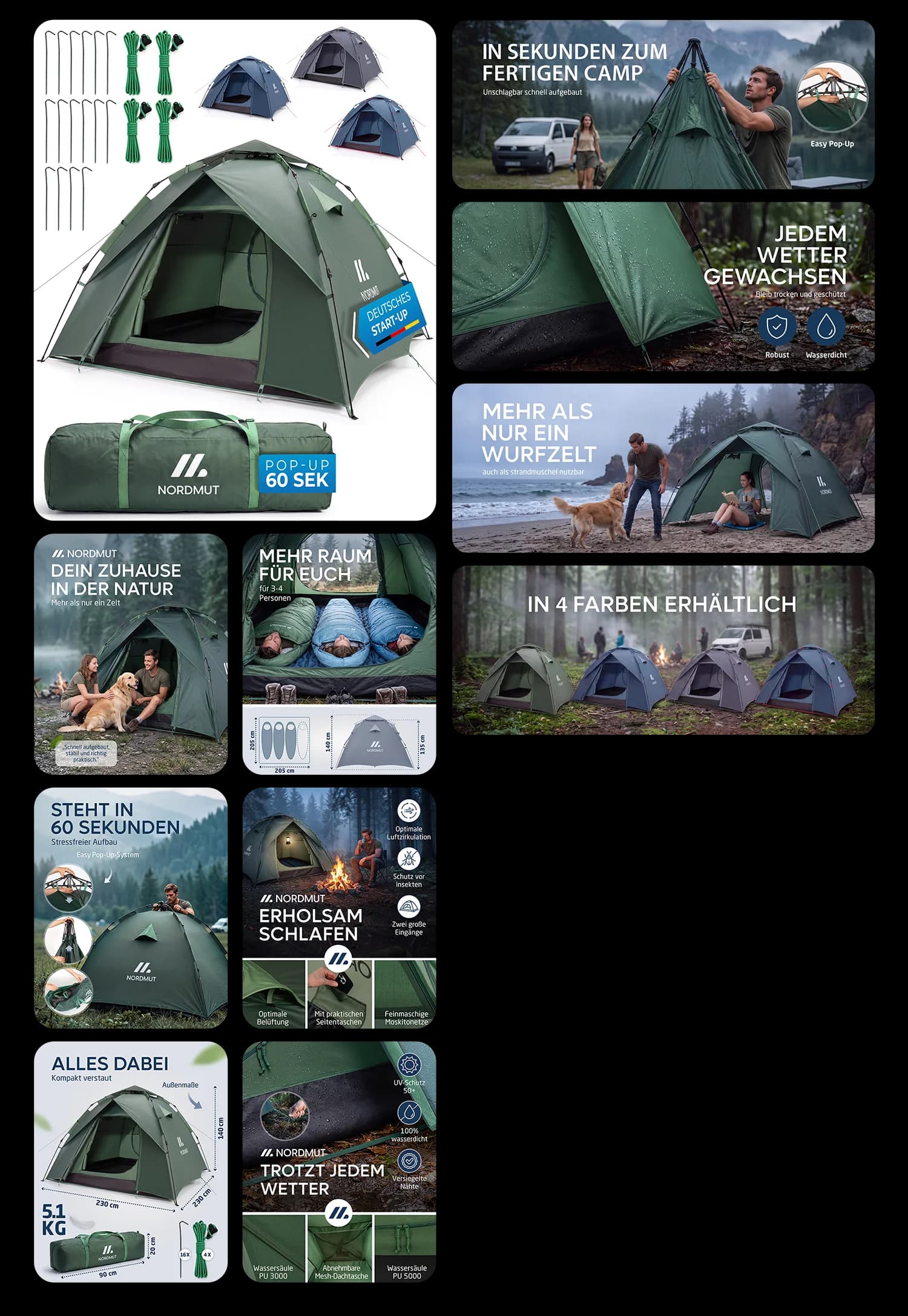 Nordmut Pop-Up Wurfzelt für 3-4 Personen wasserdichtes Sekundenzelt für Camping und Outdoor