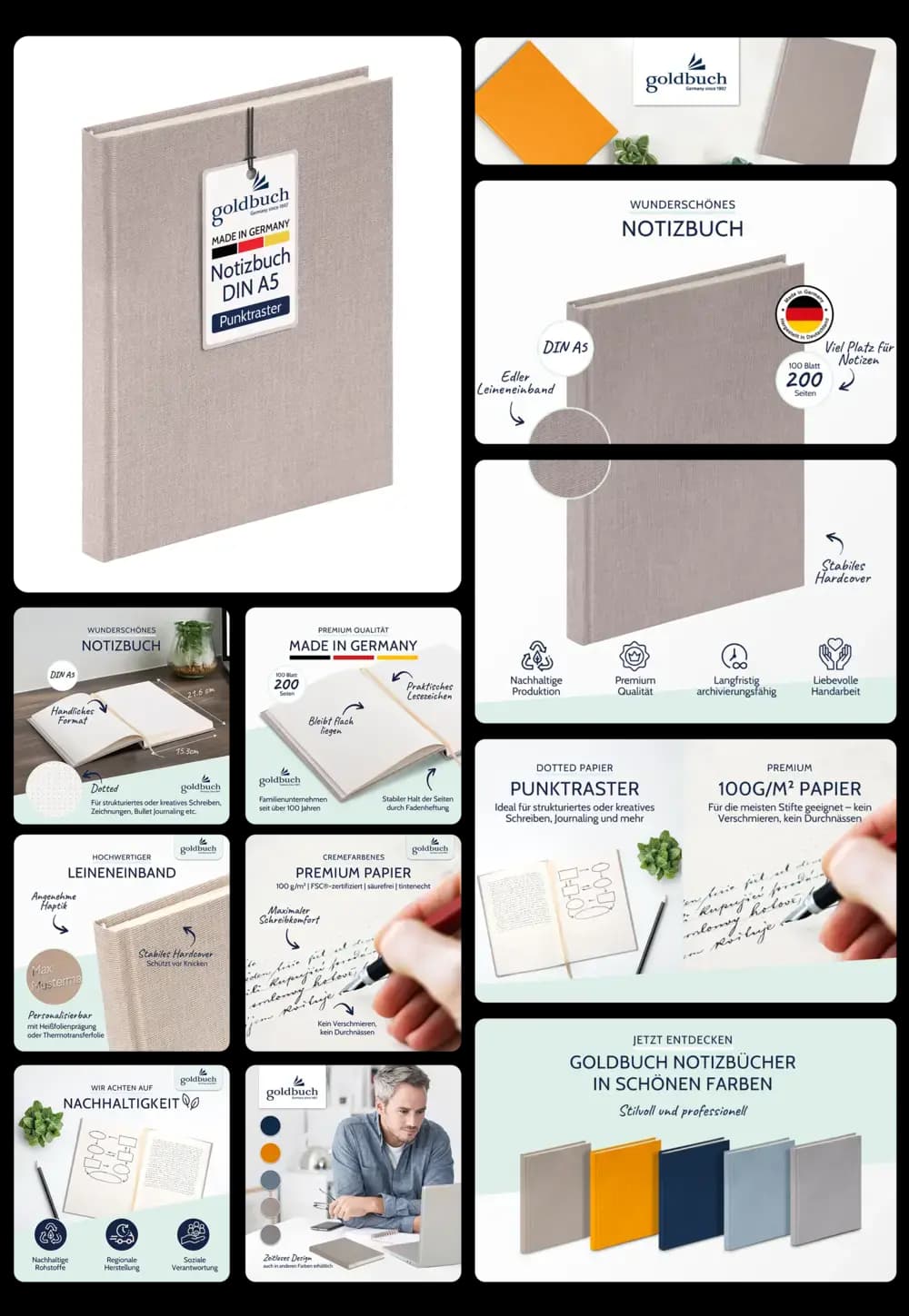 Goldbuch Notizbuch DIN A5 mit Punktmuster, Leineneinband und 200 Seiten aus hochwertigem Papier, ideal für Journaling und Notizen.