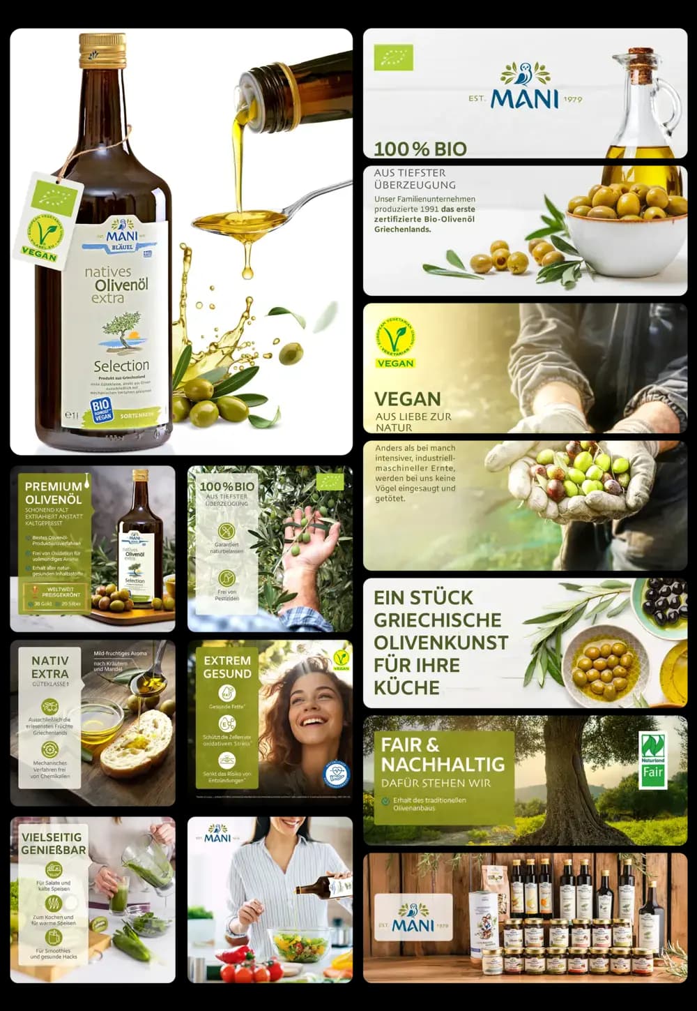Dunkle 1-Liter-Flasche MANI Natives Olivenöl Extra (Selection) mit goldenem Verschluss, beworben als 100% biologisches, veganes und natives Olivenöl extra aus nachhaltiger, griechischer Olivenkultur