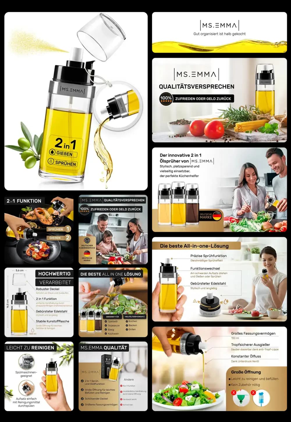 MS. EMMA 2-in-1 Ölsprüher aus Edelstahl und Kunststoff, der sowohl zum Sprühen als auch zum Gießen von Öl verwendet werden kann, ideal für Kochen, Backen und Salatdressings.