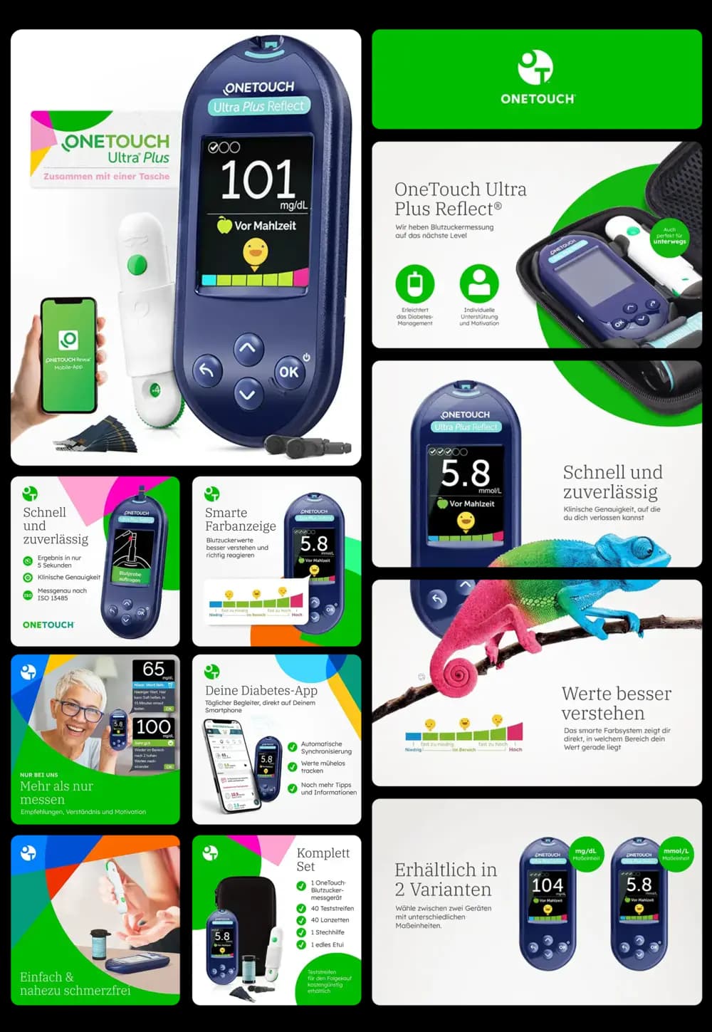 OneTouch Ultra Plus Blutzuckermessgerät, ein medizinisches Gerät mit Farbdisplay zur einfachen Blutzuckermessung und einer passenden App, präsentiert mit einer Tragetasche und Zubehör.